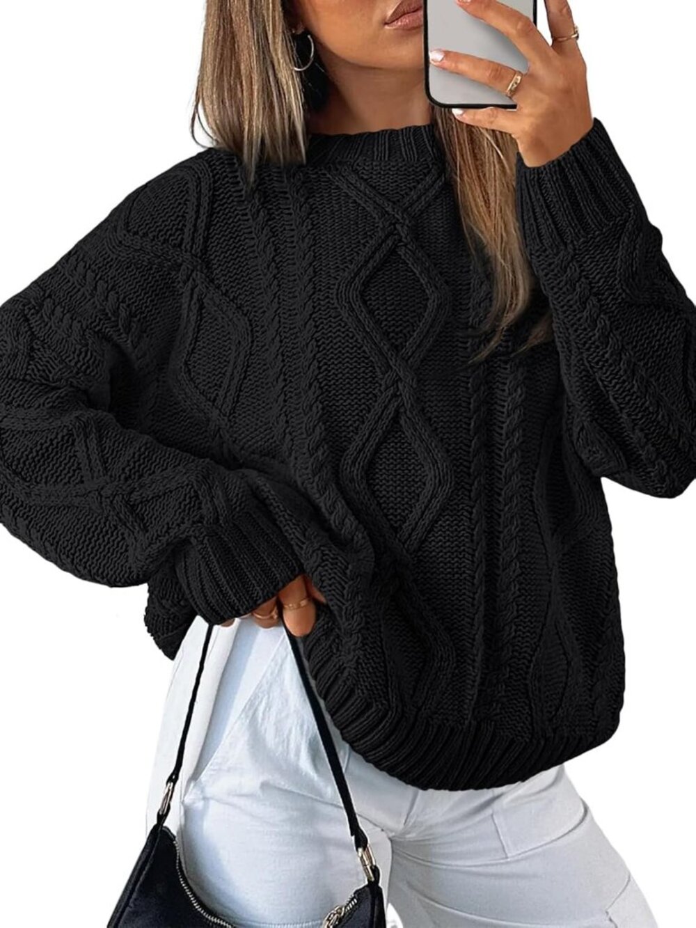 Women's Black Quiet Luxury Style Chunky Knit Texture Oversized Knit Sweaters
